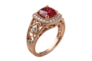 Elegant rose gold ring with a large red gemstone and sparkling diamonds isolated on transparent background