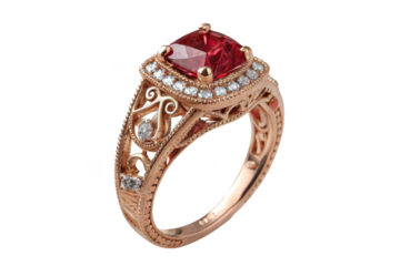 Elegant rose gold ring with a large red gemstone and sparkling diamonds isolated on transparent background