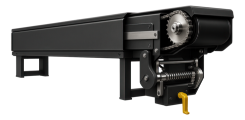 Telescopic conveyor with a chain-driven belt and automatic tensioning system for a timber processing facility