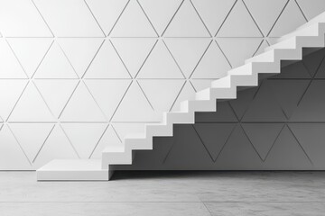 Modern white stairs ascend against a geometric wall.