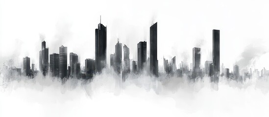 A cityscape rendered in grayscale, with a misty effect.