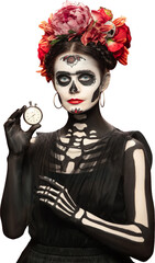 Woman with skeleton makeup and floral headpiece posing in Halloween or Day of the Dead style. Concept of Dia de los Muertos celebration, costume party, cultural tradition, spooky art.