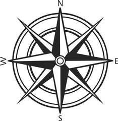Black and white compass rose graphic with directional indicators and concentric circles