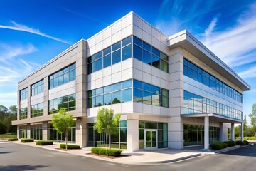 Modern office building with reflective glass and blue sky