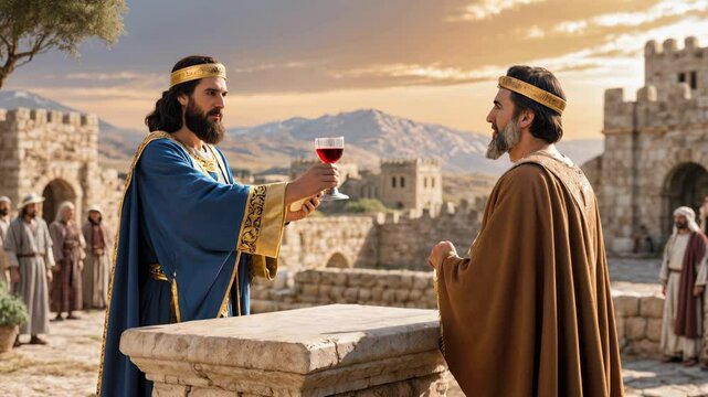 Melchizedek, king of Salem, blesses Abraham. Melchizedek, dressed in royal blue robes, holds up a loaf of bread and a goblet of wine. Abraham stands before him reverently.