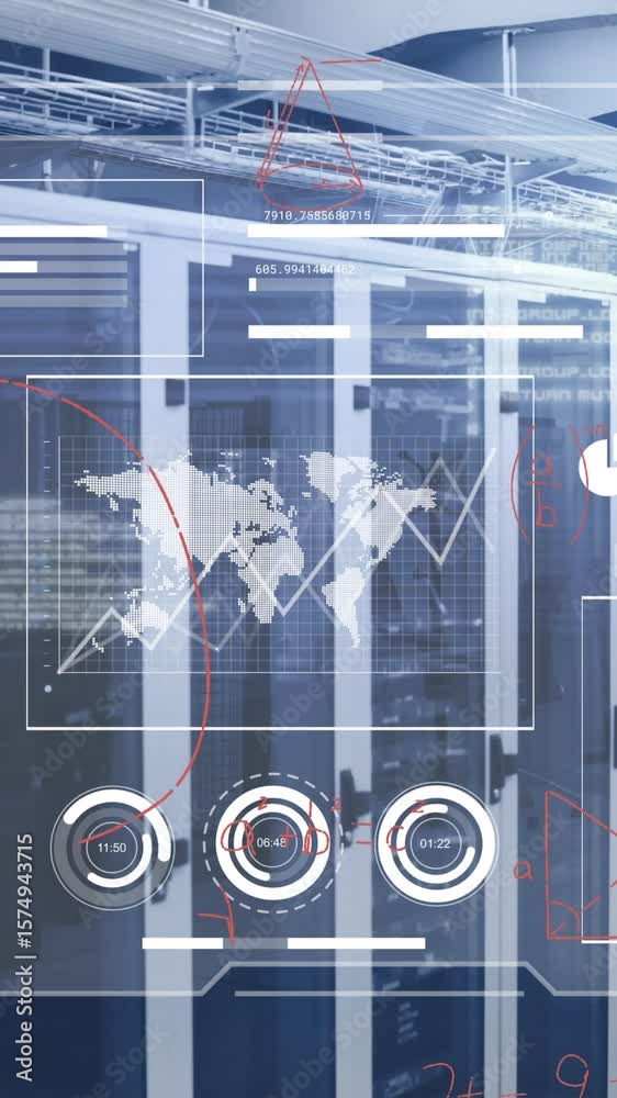 Poster animation of graphs, map, database and mathematical equations over server room in background