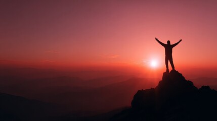 Silhouette of a triumphant man on a peak bathed in vibrant red and pink sunrise celebrating success.