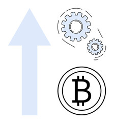 Upward arrow symbolizing growth, connected gears for blockchain mechanisms, and Bitcoin currency logo. Ideal for cryptocurrency, blockchain, growth, finance, technology innovation economy. Subtle