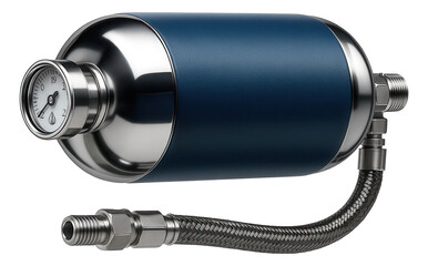 Hydraulic accumulator with a cylindrical steel body and welded end caps for pressure stabilization in hydraulic systems.