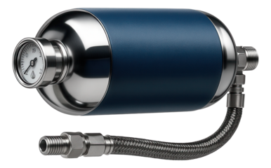 Hydraulic accumulator with a cylindrical steel body and welded end caps for pressure stabilization in hydraulic systems.