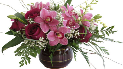 Elegant bouquet of pink orchids and deep red roses in a vase isolated on transparent background