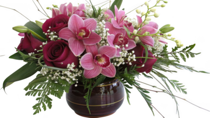 Elegant bouquet of pink orchids and deep red roses in a vase isolated on transparent background