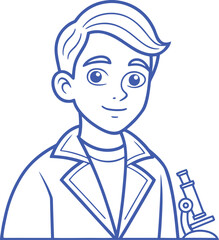 Cartoon boy scientist in lab coat with microscope ready for research child laboratory
