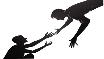Two stylized silhouettes reaching out to help each other isolated on transparent background
