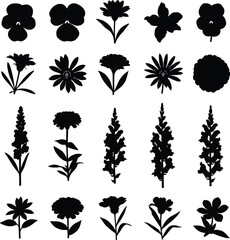 Fototapeta premium Collection of Black Flower Silhouettes on White Background floral bloom