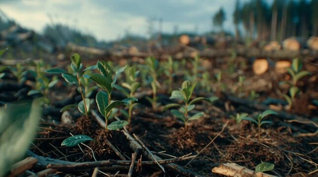 New seedlings emerge in deforested area highlighting reforestation efforts in a recovering landscape