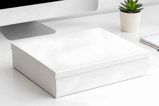Clean white box on a modern desk with computer and plant