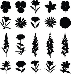 Fototapeta premium Collection of Black Flower Silhouettes on White Background floral