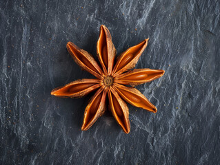 single star anise centered on dark slate, elegant spice macro