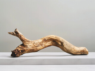 single piece of driftwood on light gray backdrop, airy composition with lots of space