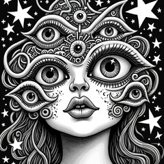Naklejka premium Surreal woman with multiple eyes vector silhouette illustration Black and white fantasy portrait for abstract or spiritual art concepts
