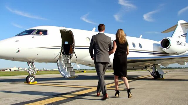 Stylish couple walking arm in arm toward a private jet on sunny airport runway, symbolizing luxury travel, business success and high-end corporate mobility in a modern aviation setting