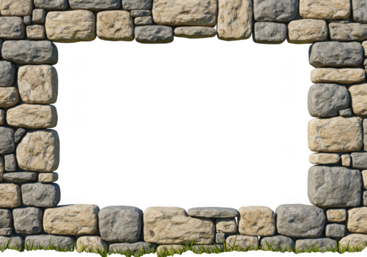 Natural stone wall frame with rough textured blocks and a clear opening for content isolated on transparent background - Powered by Adobe