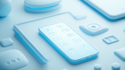 Light blue digital devices arranged on a light blue surface.