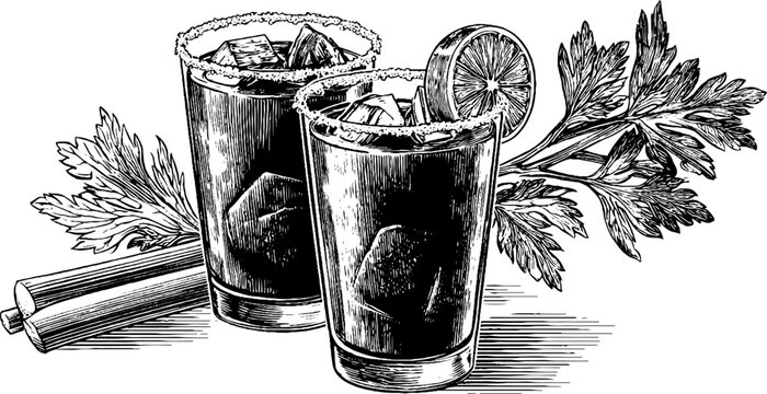 Engraved art of bloody caesar cocktails with celery and lemon garnish for beverage design