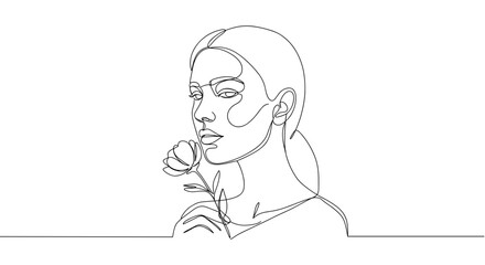 Simple line drawing of woman holding rose with thoughtful expression on transparent background  