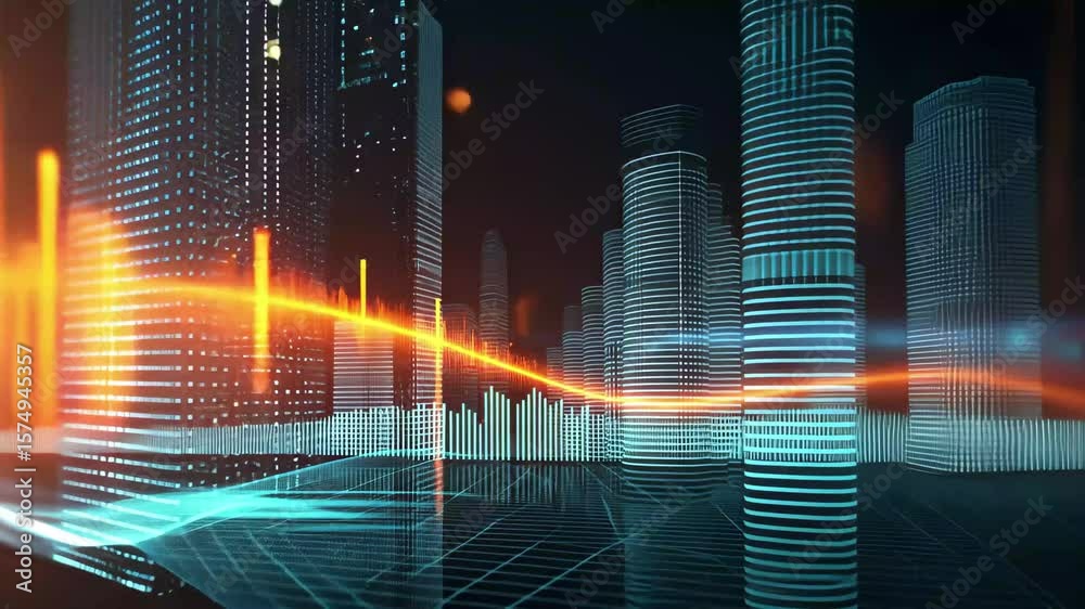 Poster dynamic abstract visualization of sound waves and data patterns in a futuristic digital environment