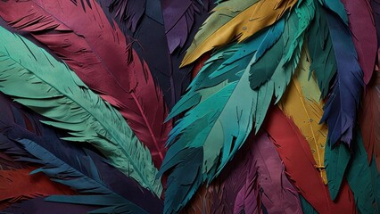 Obraz premium Oversized Paper Feathers in Jewel Tones Mixed Media Artistic Background