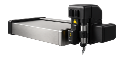 Flatbed leather cutter with a high-precision blade and optical sensors for pattern detection in a backpack production line