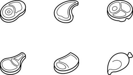 Six Simple Line Drawings:  Various Cuts of Meat,  Isometric View,  Clean Minimalist Style