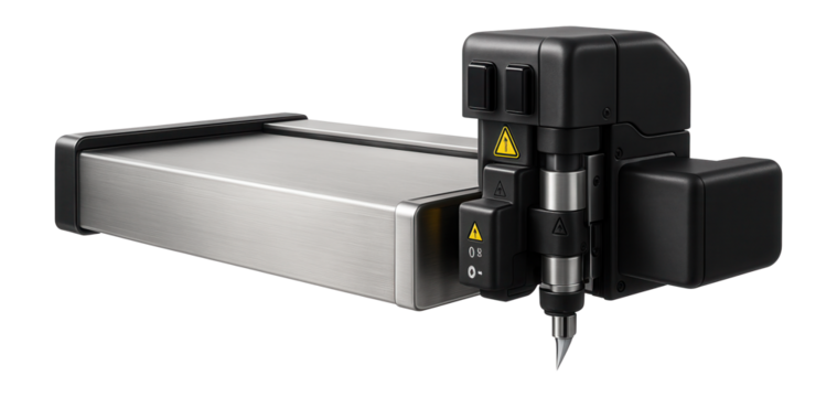 Flatbed leather cutter with a high-precision blade and optical sensors for pattern detection in a backpack production line