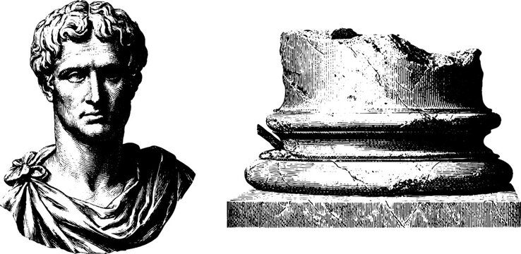 Roman senator bust and pedestal engraving for historical design projects