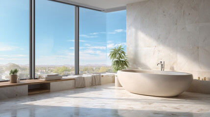 Fototapeta premium Elegant low-angle view of a luxury bathroom with a freestanding oval bathtub, marble floor, and soft daylight — perfect for serene spa-inspired home design.