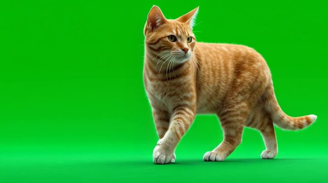 Orange tabby cat walks gracefully on bright green background showcasing its playful nature and charming personality