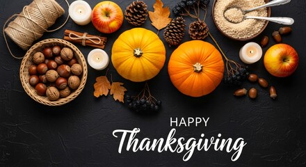 Thanksgiving Feast Pumpkins Nuts Apples  Autumnal Decor