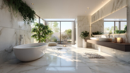 Fototapeta premium Super wide-angle view of a spacious luxury bathroom with marble finishes, freestanding tub, and natural light streaming in — ideal for sophisticated minimalist interiors.