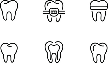 Dental Icon Set: Healthy Teeth, Braces, Crown, Minimalist Line Art Style