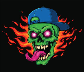 Neon green skull with glowing eyes, long tongue, baseball cap, and fire background, ideal for streetwear, tattoo, and vector art.Neon green skull with 