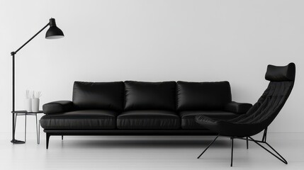 Modern minimalist living room featuring a black leather sofa and armchair.