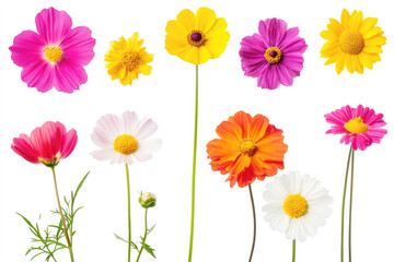 Colorful cosmos flowers in various colors on white background floral illustration