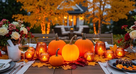Autumnal Thanksgiving Table Setting Pumpkins Candles  Fall Leaves