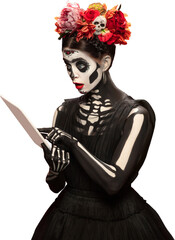 Shocked woman in skeleton makeup with floral crown looking at digital tablet, gadget. Concept of...