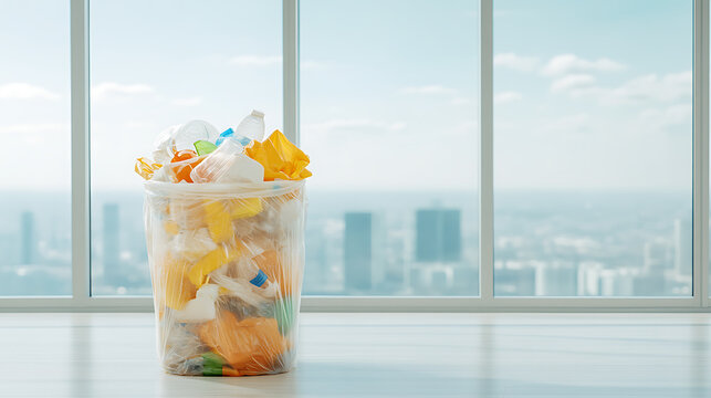 Overflowing trash bin with plastics and paper inside a bright, modern room with large windows and a cityscape view in the background.