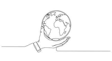 Hand holding globe in minimalistic line art style isolated on transparent background  