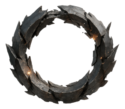 Collapsing metal ring with jagged edges emitting flickering sparks.