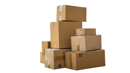 Stack of various sized cardboard boxes taped shut isolated on transparent background